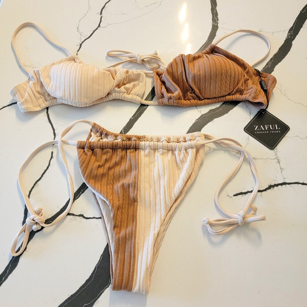 Zaful two tone string bikini size L 8 Cream and tan NWT